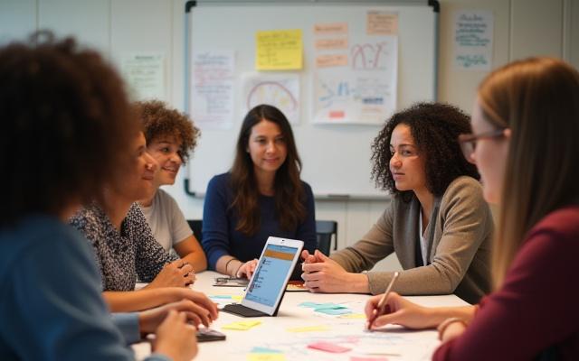 Educators collaborating on curriculum design, mind mapping ideas.